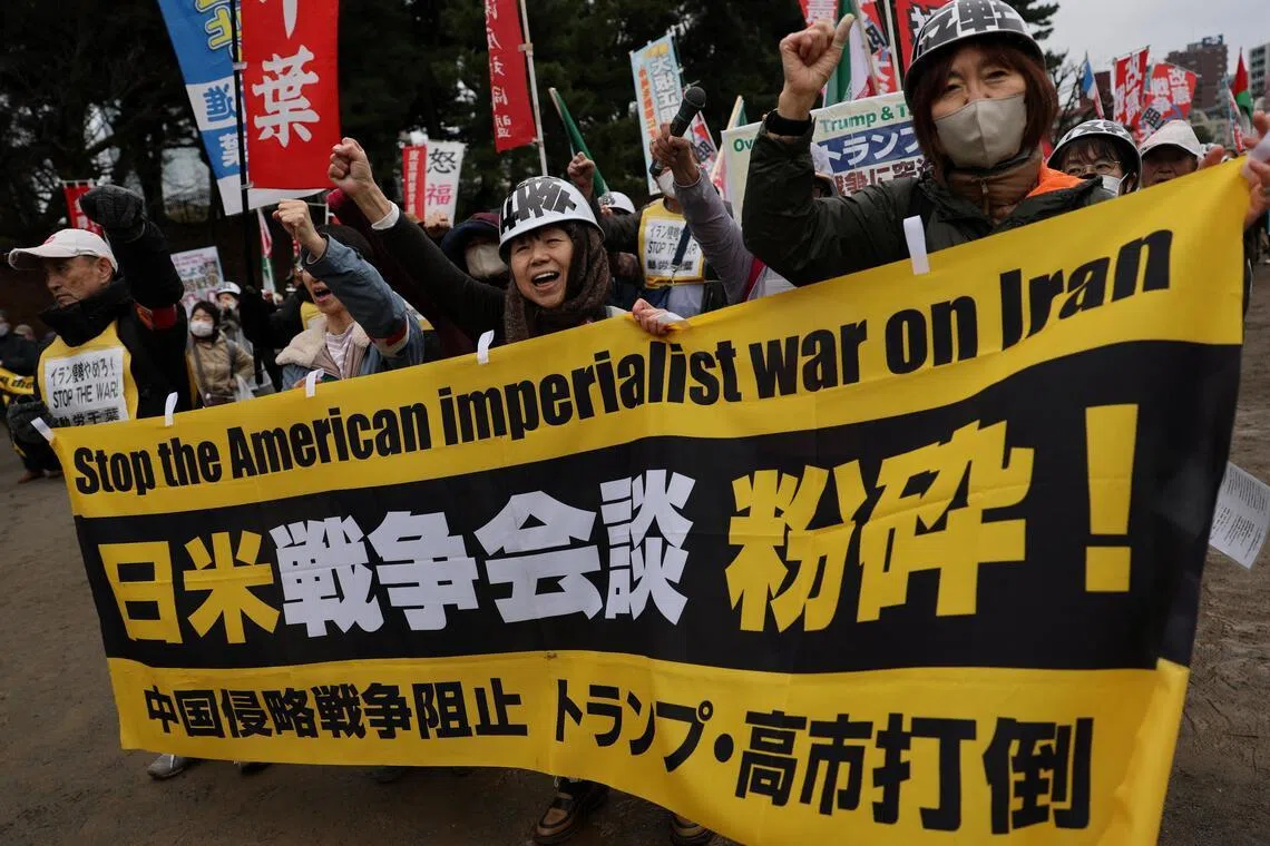 Protesters taking part in an anti-US, anti-war and anti-Prime Minister Sanae Takaichi demonstration rally on March 20. In a Yomiuri newspaper survey, 67 per cent voiced opposition to sending the nation’s Self-Defense Forces to the region.