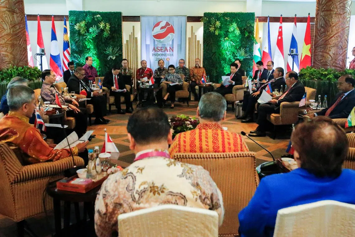Indonesian Foreign Minister Retno Marsudi speaking during a retreat session of the 56th Asean Foreign Minister's Meeting in Jakarta on July 12, 2023. 
