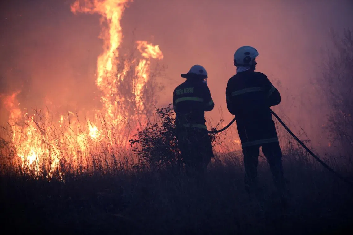 FILE PHOTO: Firefighters try to extinguish a wildfire near the settlement of Beledie Han, Kostinbrod, Bulgaria, July 21, 2025. REUTERS/Stringer/File Photo