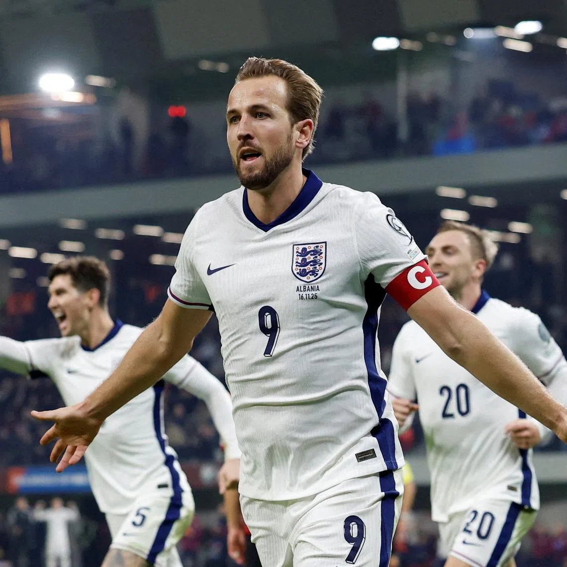 FILE PHOTO: Soccer Football - World Cup - UEFA Qualifiers - Group K - Albania v England - Air Albania Stadium, Tirana, Albania - November 16, 2025 England's Harry Kane celebrates scoring their first goal Action Images via Reuters/Peter Cziborra/File Photo