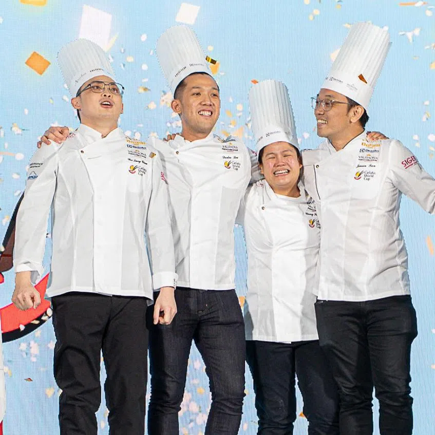 (From left) The winning chefs from the Singapore National Pastry Team Chew Wei Lung, Dexter Lee, Loh Cheng Kit and Jason Tan and their winning entry titled "Circus".