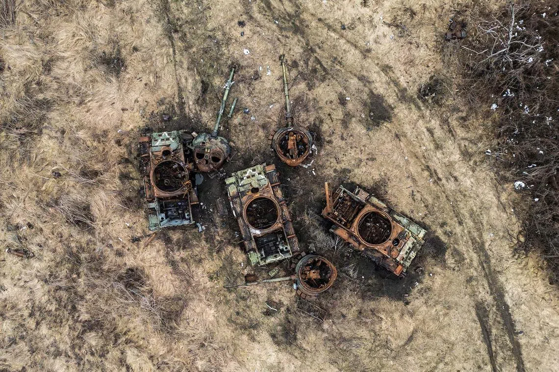 Destroyed Russian tanks are seen near the village of Bohorodychne, amid Russian attack on Ukraine, in Donetsk region, Ukraine February 13, 2024. REUTERS/Vladyslav Musiienko TPX IMAGES OF THE DAY