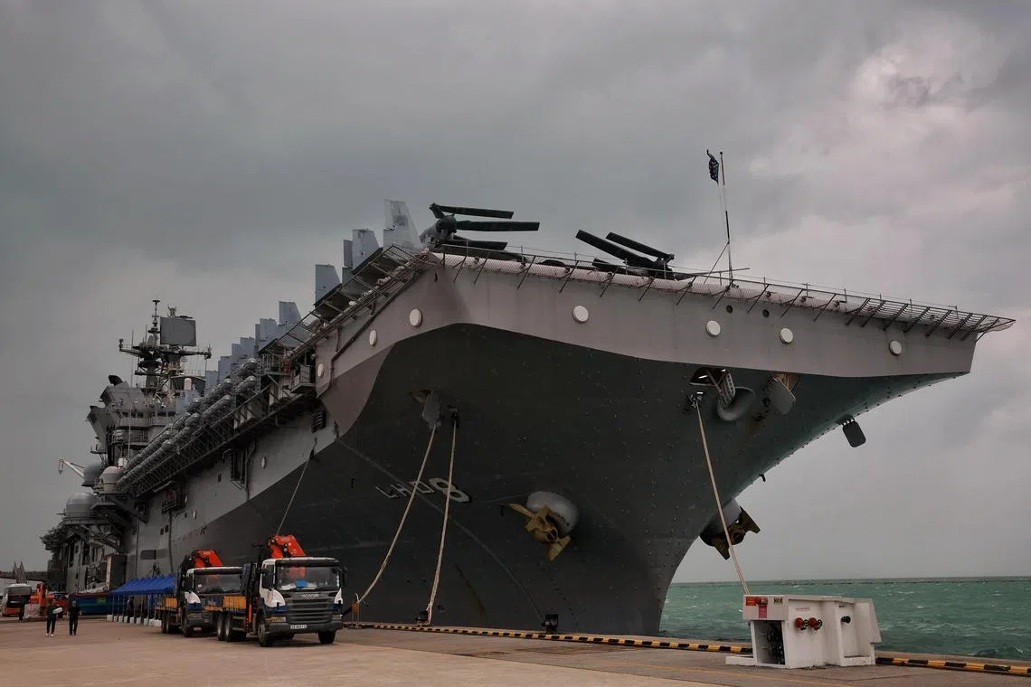 The USS Makin Island at Changi Naval Base on Jan 11, 2023. The USS Makin Island will be in Singapore to participate in a bilateral exercise Cooperation Afloat Readiness and Training (CARAT) Singapore. ST Photo: Kevin Lim ajussmakinisland