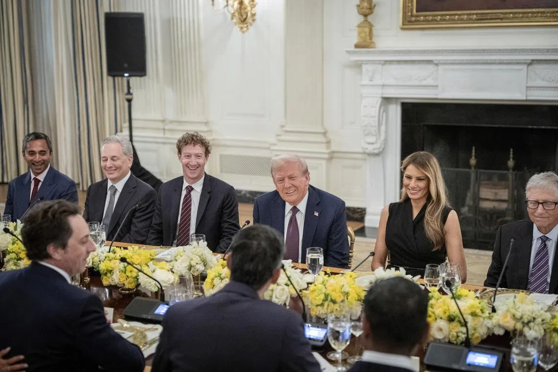 US President Donald Trump at a dinner with tech CEOs at the White House on Sept. 4, including Google’s chief executive Sundar Pichai and co-founder Sergey Brin.