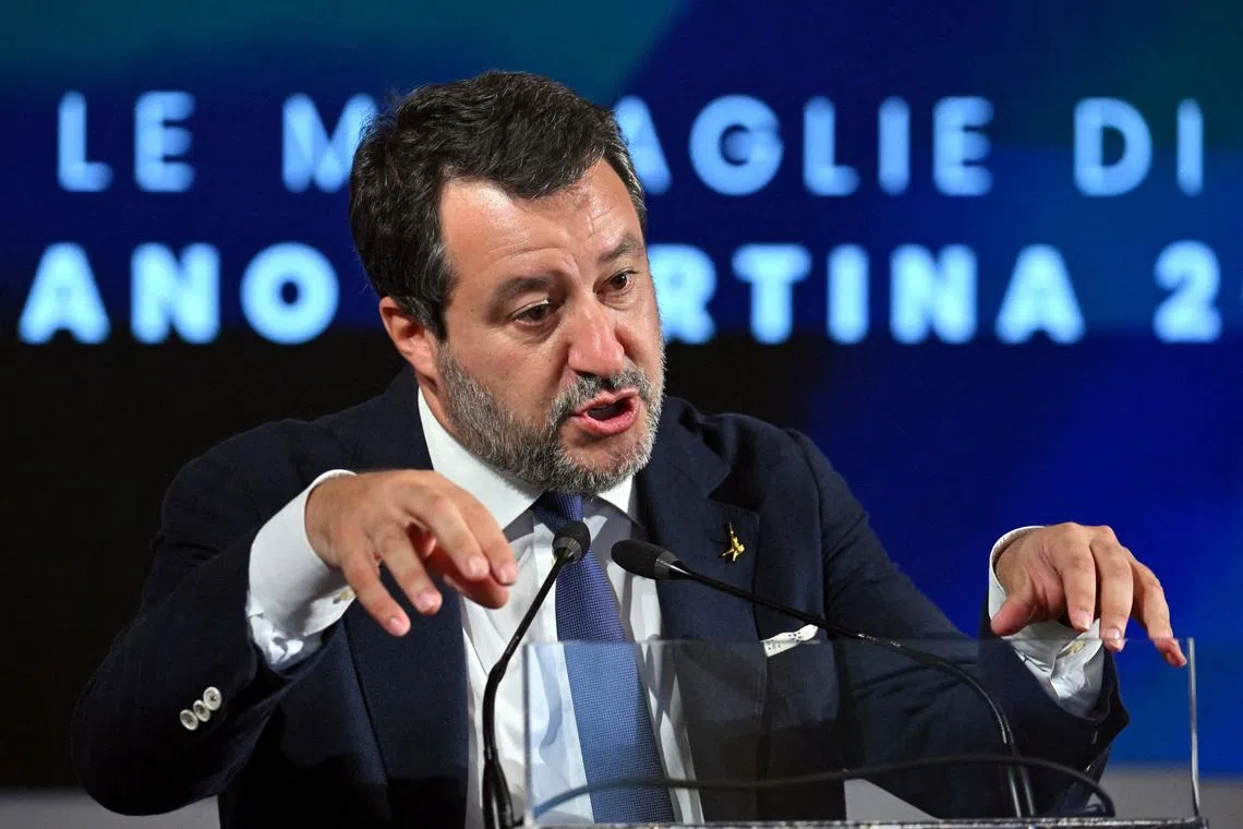 FILE PHOTO: Italy Deputy Prime Minister Matteo Salvini, during the unveiling of the Milano Cortina Winter Olympics medals REUTERS/Alberto Lingria/File Photo