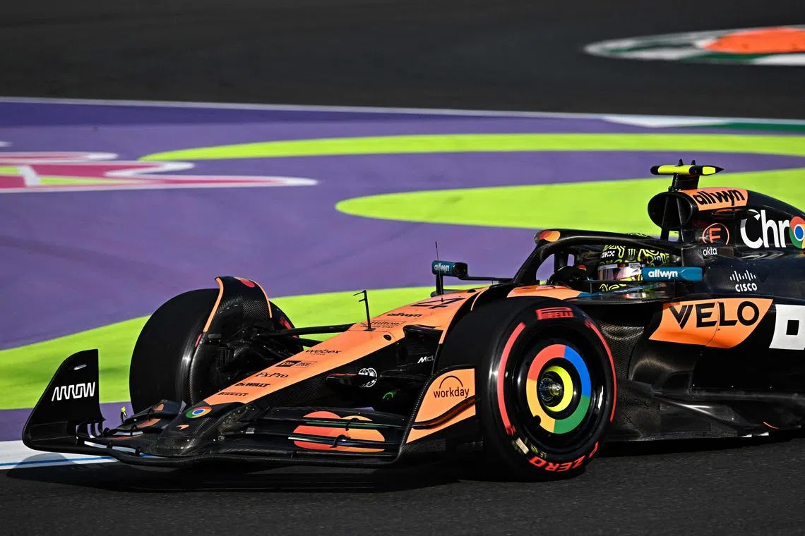 McLaren's Lando Norris driving during the third practice session on April 19.