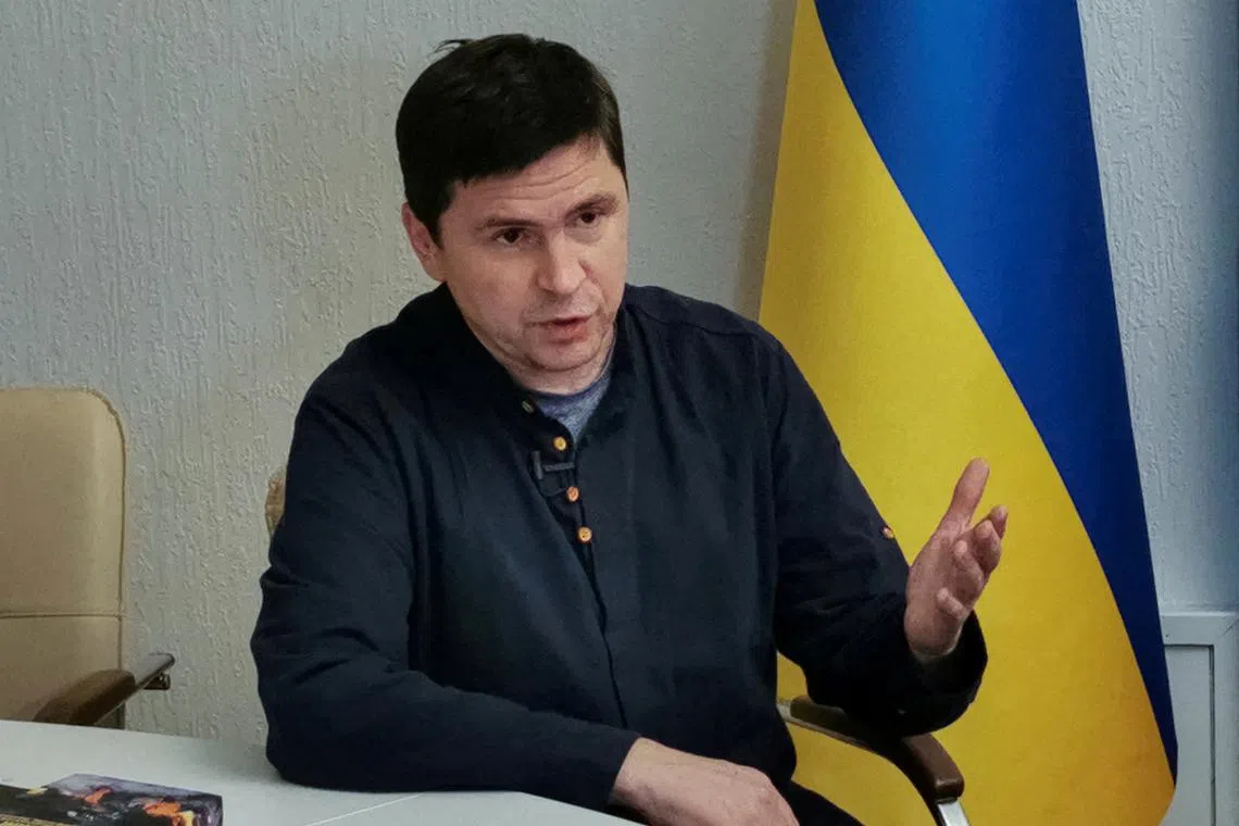FILE PHOTO: Mykhailo Podolyak, a political adviser to Ukraine's President Volodymyr Zelenskiy, speaks during an interview with Reuters, amid Russia's attack on Ukraine, in Kyiv, Ukraine November 2, 2022.  REUTERS/Sergiy Voloshyn/File Photo