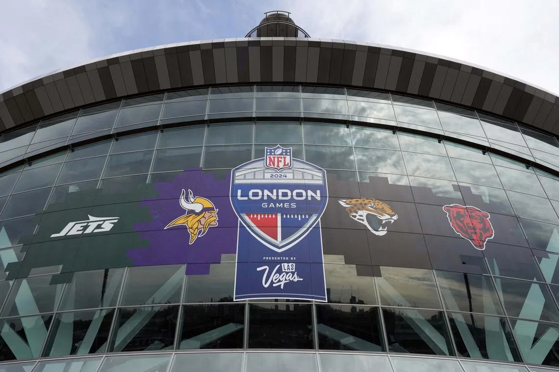 FILE PHOTO: Oct 13, 2024; London, United Kingdom; The 2024 NFL London Games, New York Jets, Minnesota Vikings, Jacksonville Jaguars and Chicago Bears logo on the facade at an NFL International Series game at Tottenham Hotspur Stadium. Mandatory Credit: Kirby Lee-Imagn Images/File Photo