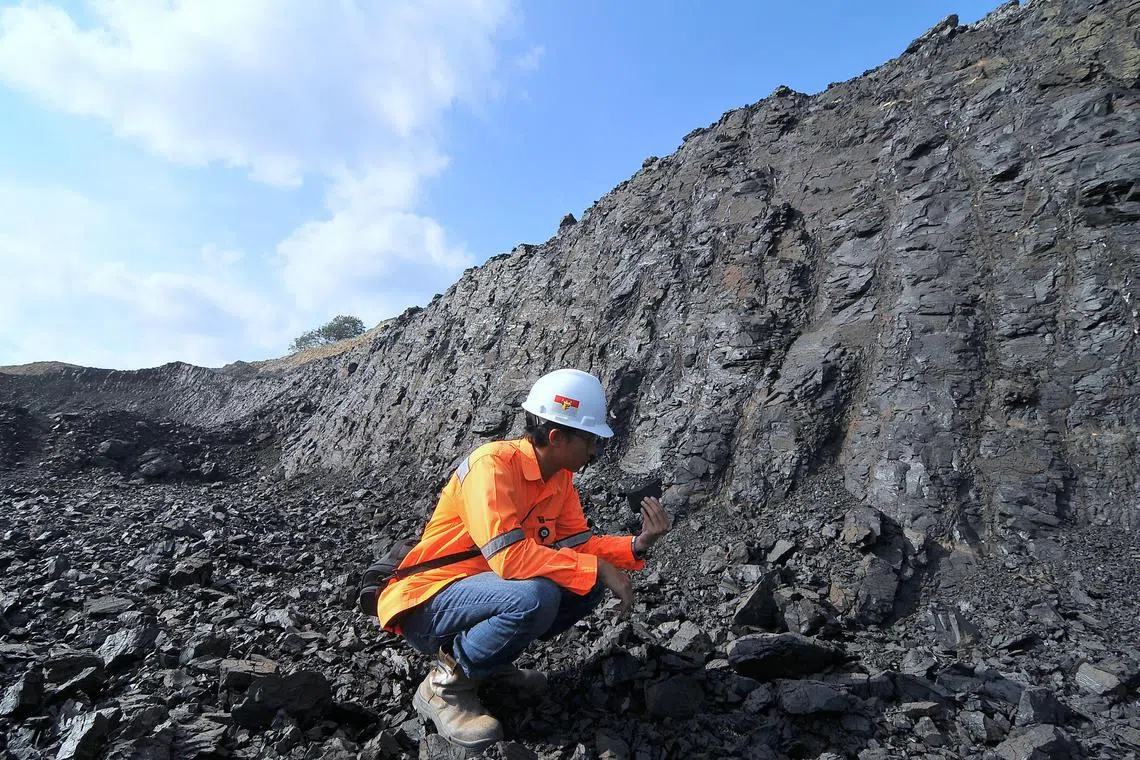 A worker inspecting a piece of coal at a coal mine.
