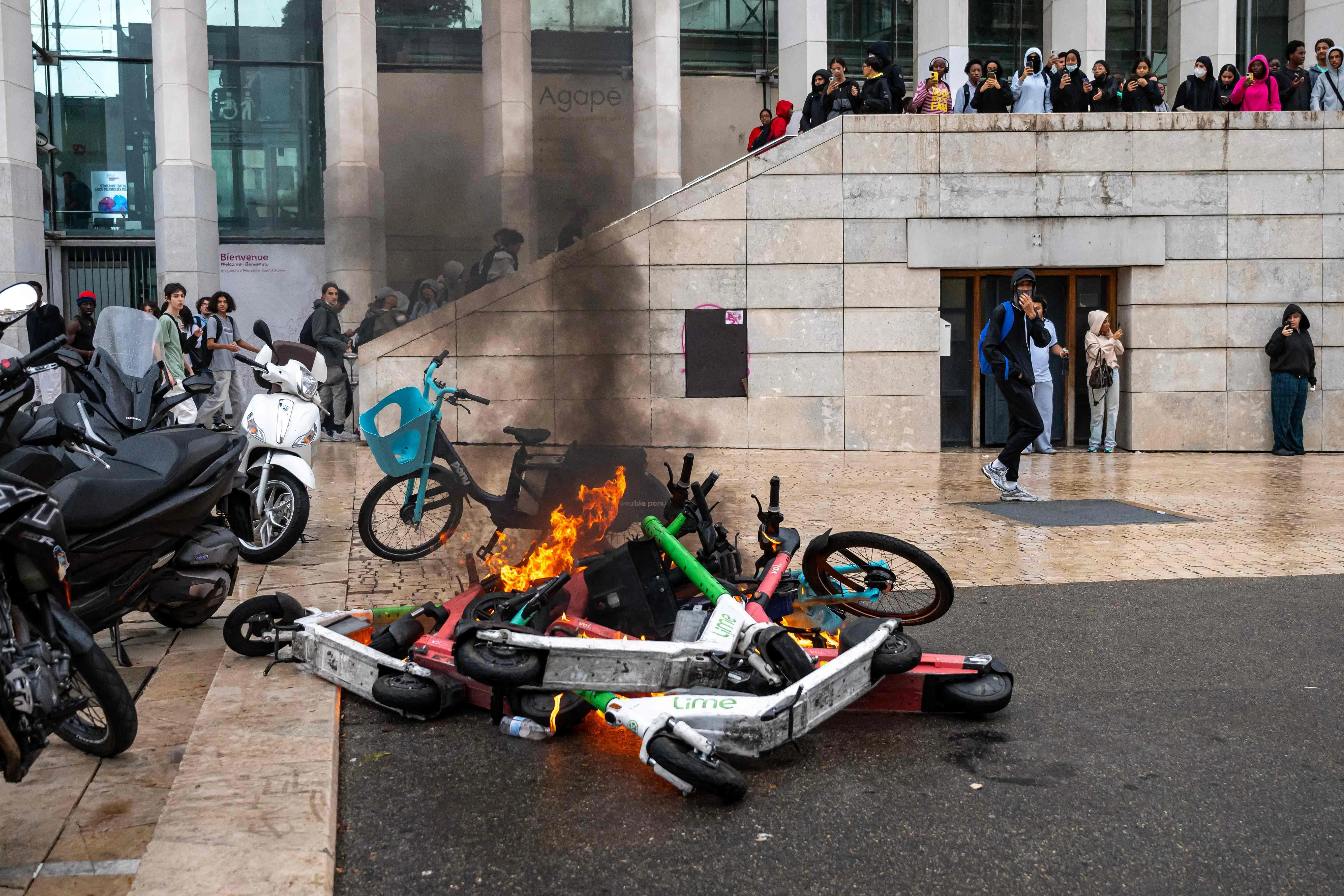 E-scooters burning near a secondary school and train station in Marseille, southern France, on Oct 1.