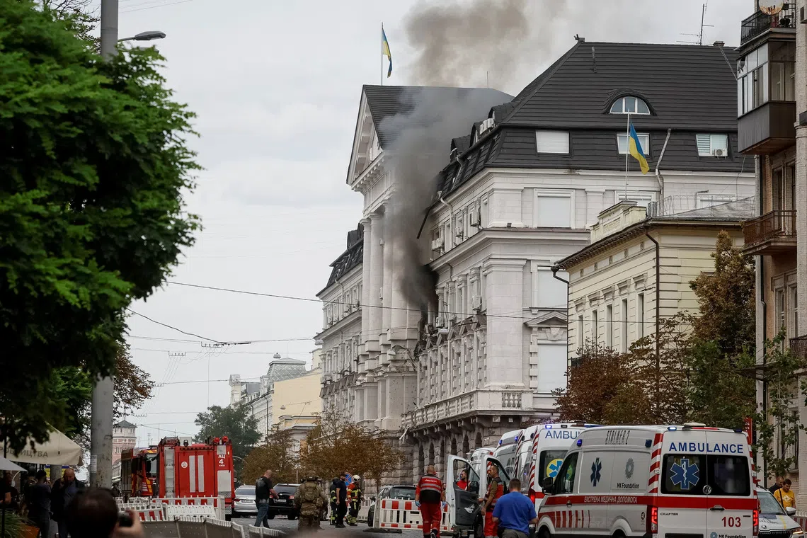Smoke rises over a building of the headquarters of Ukraine's SBU security service after a Russian drone strike, amid Russia's attack on Ukraine, in Kyiv, Ukraine September 4, 2026. REUTERS/Gleb Garanich