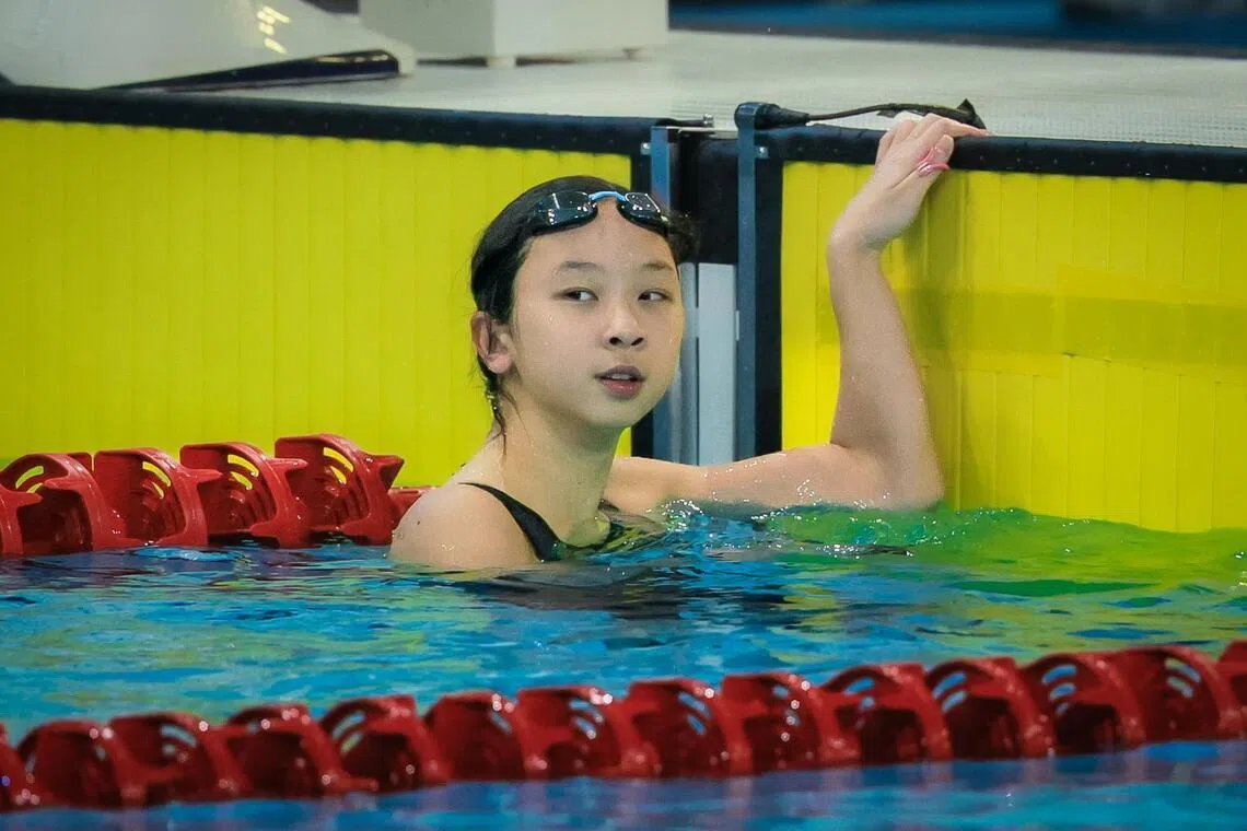 Swimming Women's 100m Backstroke; 
Singapore Julia Yeo Shu Ning (lane 1); 
Singapore Levenia Sim Entong (lane 4); at the Sports Authority of Thailand Swimming Pool during the SEA Games in Bangkok on Dec 13, 2025.