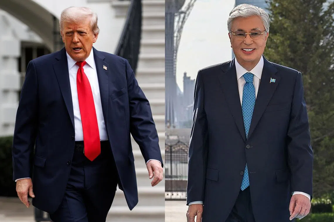 US President Donald Trump (left) did not elaborate on the substance of his talk with Kazakhstan's leader, Mr Kassym-Jomart Tokayev.
