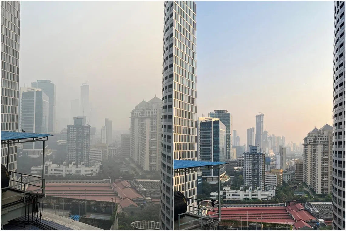 A view of the skyline from Lower Parel in Mumbai on Dec 7, (left) and on Oct 27.