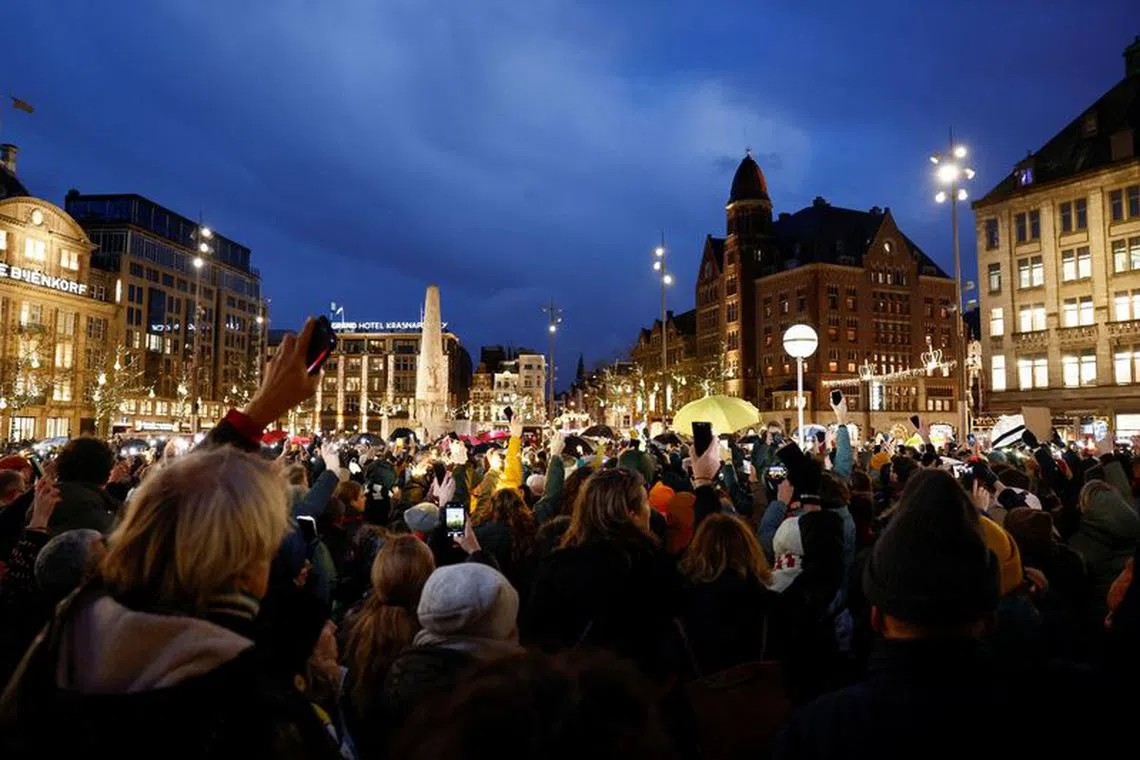 Social organizations (environmental, immigration, and other groups) gather at an event revolving around tolerance, protection of the rule of law and equal rights for all, following a Dutch election that saw far-right leader Geert Wilders book major gains in Amsterdam, Netherlands, November 24, 2023. REUTERS/Piroschka van de Wouw