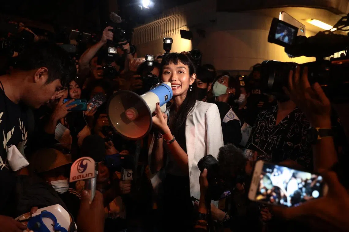 Pro-democracy protest leader Chonticha Jaengrew addresses the crowd during an anti-government rally in Bangkok, on October 26, 2020.