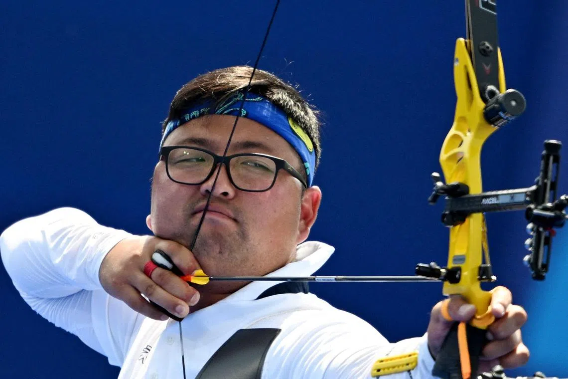 Gold medallist Kim Woo-jin of South Korea competing in the archery men's individual elimination round during the Paris 2024 Olympic Games at the Esplanade des Invalides on July 30.