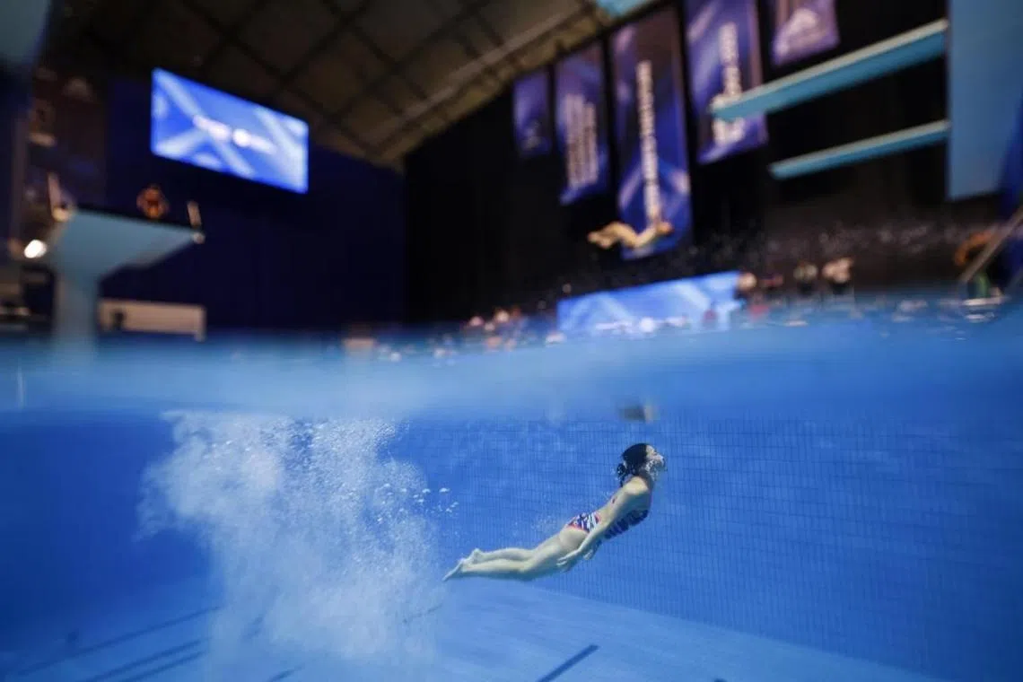 A diver in action during a practice session at the Fukuoka 2023 World Aquatics Championships on July 18, 2023.