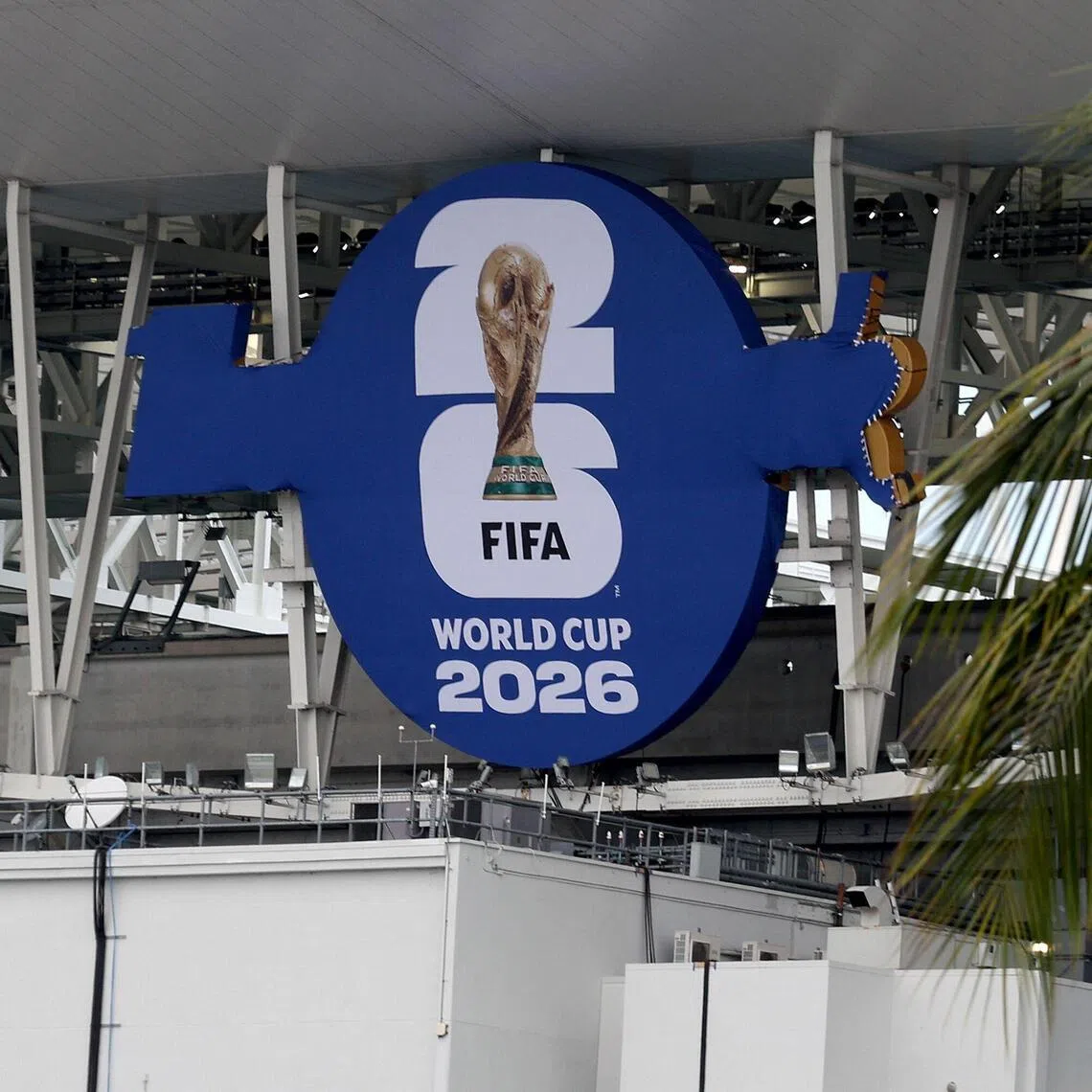 The World Cup 2026 logo is seen covering the Hard Rock Stadium signage on the exterior of Hard Rock Stadium on May 22, 2026, in Miami, Florida.