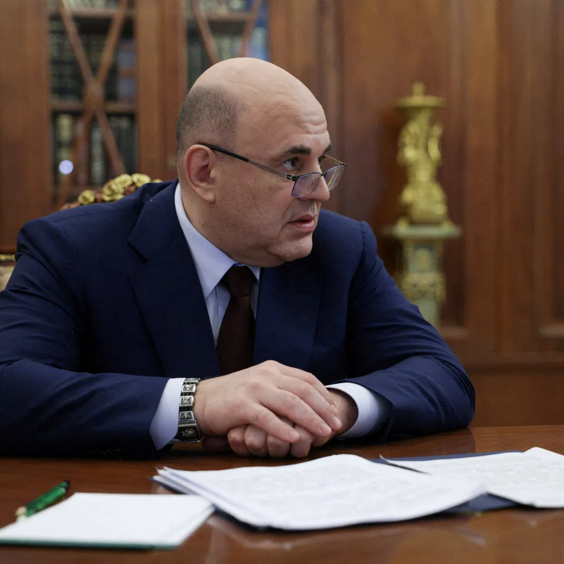 FILE PHOTO: Russian Prime Minister Mikhail Mishustin attends a meeting with President Vladimir Putin at the Kremlin in Moscow, Russia February 7, 2025. Sputnik/Gavriil Grigorov/Pool via REUTERS