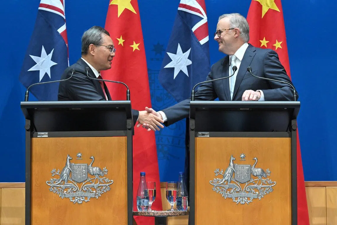 Chinese Premier Li Qiang and Australian Prime Minister Anthony Albanese at Parliament House in Canberra in June 2024.