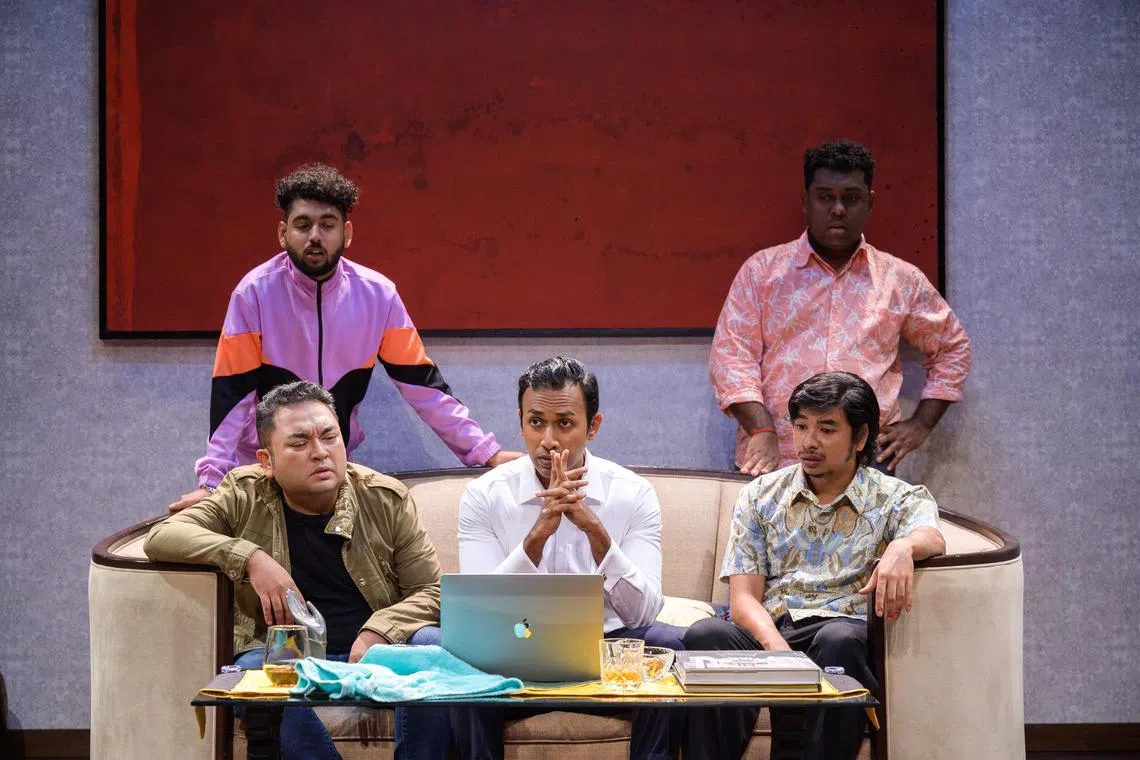 (Clockwise from top left) Krish Natarajan, Adib Kosnan, Gosteloa Spancer, Shahid Nasheer and Ebi Shankara meet, squabble and get drunk in the play Brown Boys Don't Tell Jokes by Checkpoint Theatre.