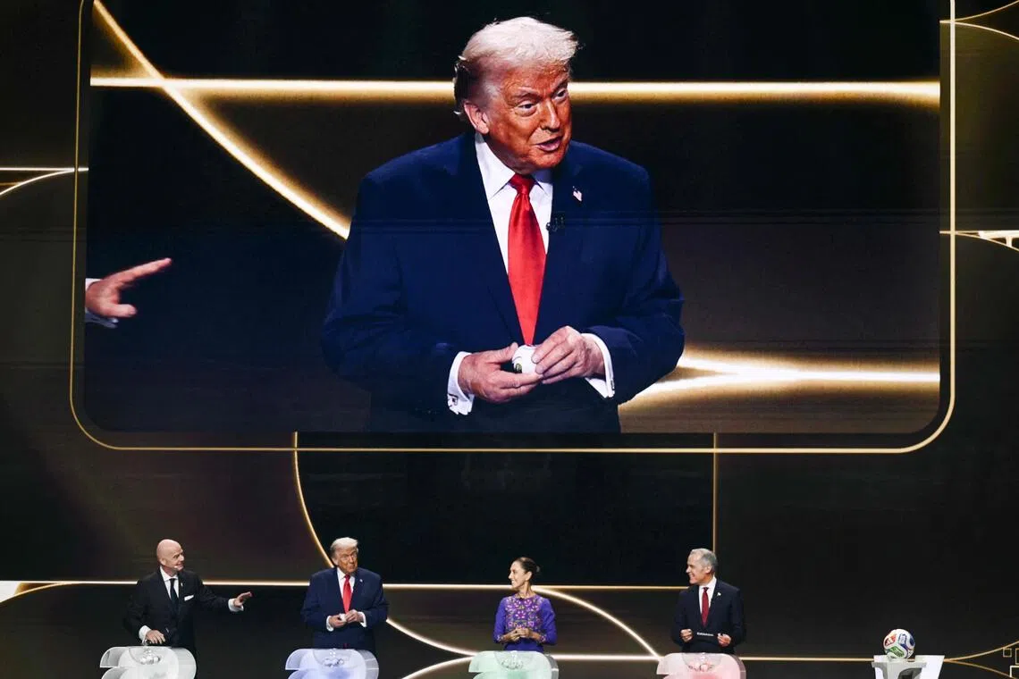 (From left) FIFA president Gianni Infantino, US President Donald Trump, Mexican President Claudia Sheinbaum and Canadian Prime Minister Mark Carney taking part in the World Cup 2026 draw on Dec 5 in Washington. 