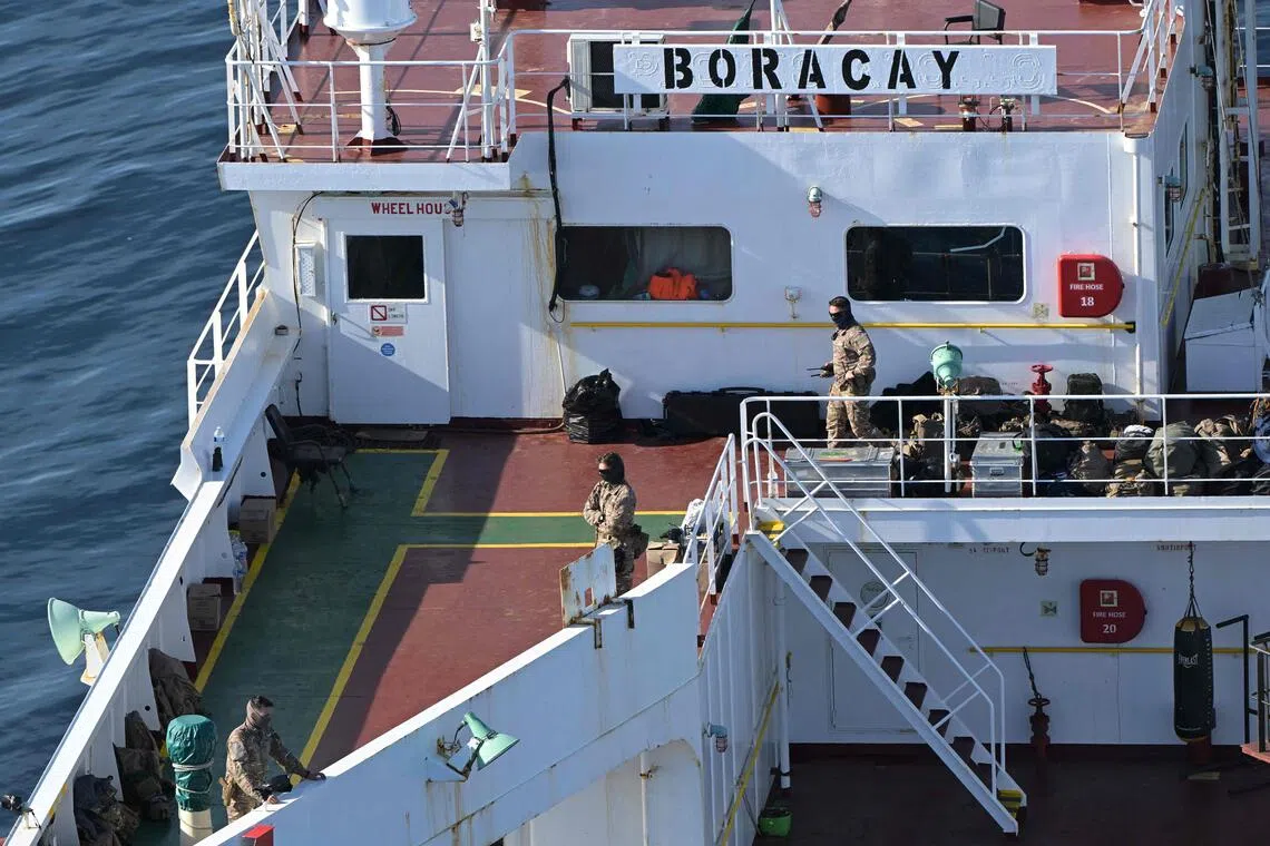 French soldiers aboard the Borocay on Oct 1, off the coast of France. The vessel is thought to belong to Russia's so-called “shadow fleet” of sanctions-evading oil tankers.