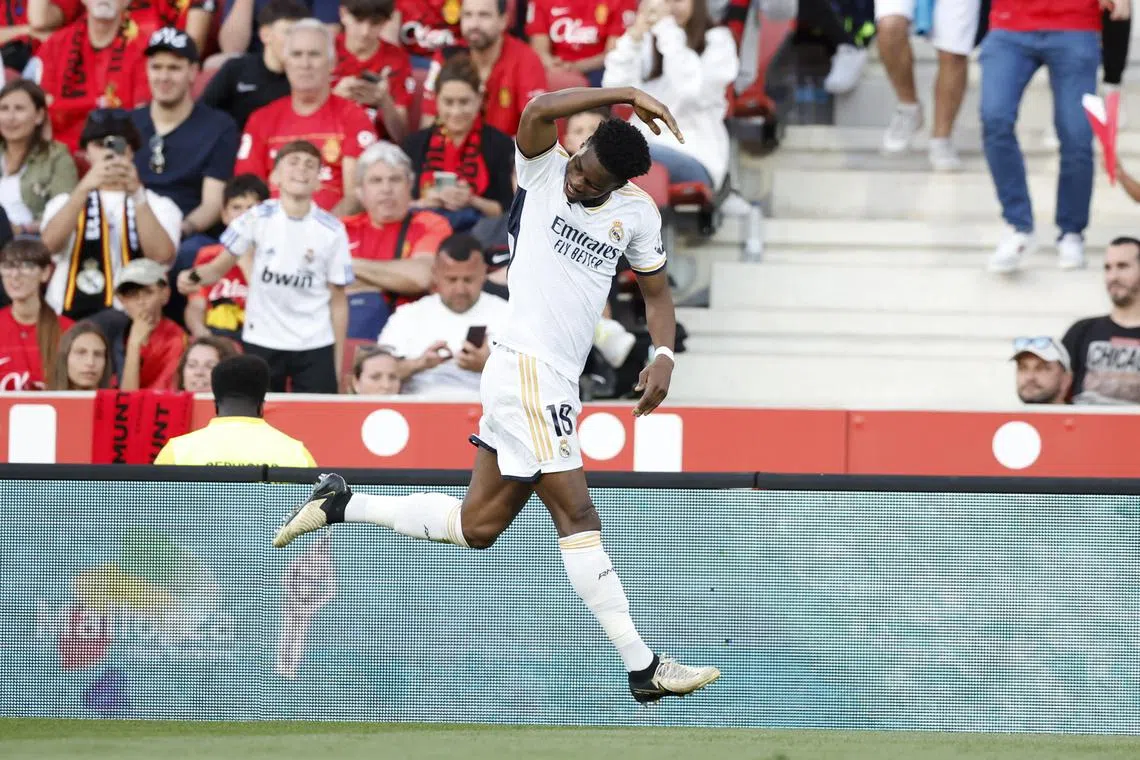 Soccer Football - LaLiga - RCD Mallorca v Real Madrid - Son Moix, Palma de Mallorca, Spain - April 13, 2024 Real Madrid's Aurelien Tchouameni celebrates scoring their first goal REUTERS/Albert Gea