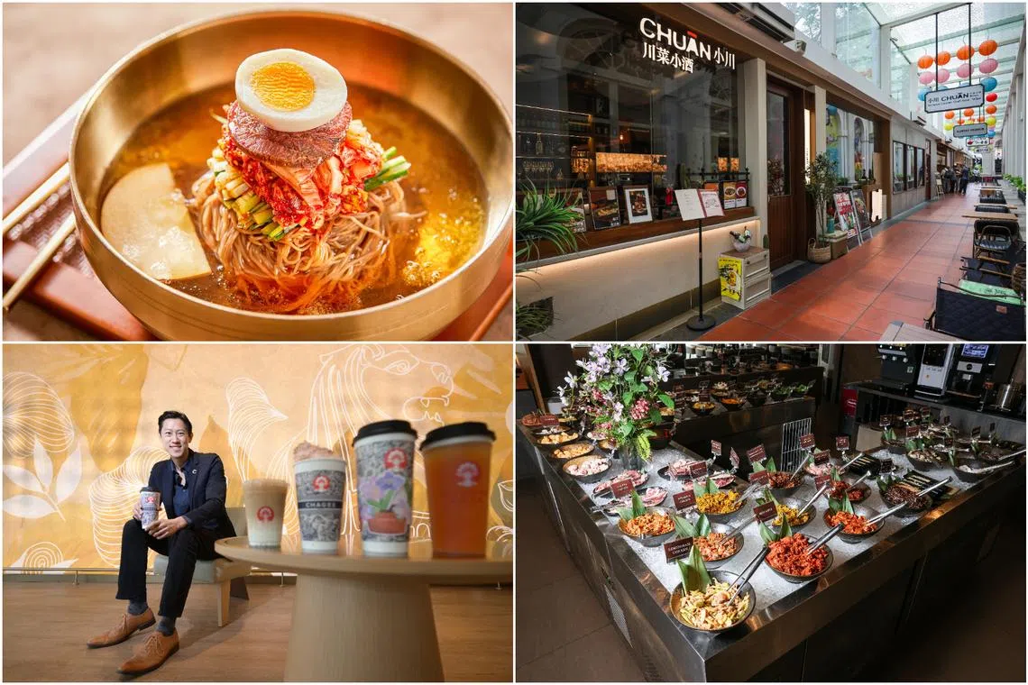 (Clockwise from top left) Cold buckwheat noodles from  Xita Lao Tai Tai, Chuan Bistro at Chijmes, the buffet spread at JING Hotpot and Grill and Mr Jonathan Ng, Chagee’s APAC director for government and public affairs.