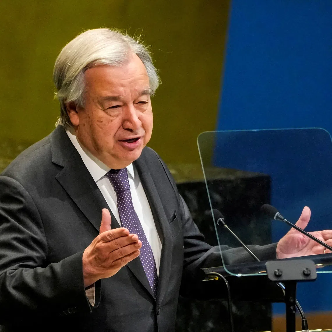 FILE PHOTO: United Nations Secretary-General Antonio Guterres speaks to delegates during a meeting on Nuclear Non-Proliferation Treaty at U.N. headquarters in New York City, U.S., April 27, 2026.  REUTERS/Eduardo Munoz