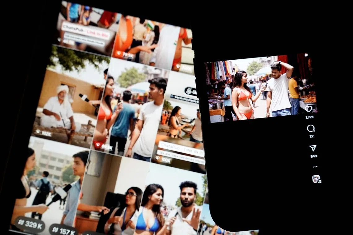 This photo illustration shows images on the internet and social media of AI bikini-clad women conducting street interviews.