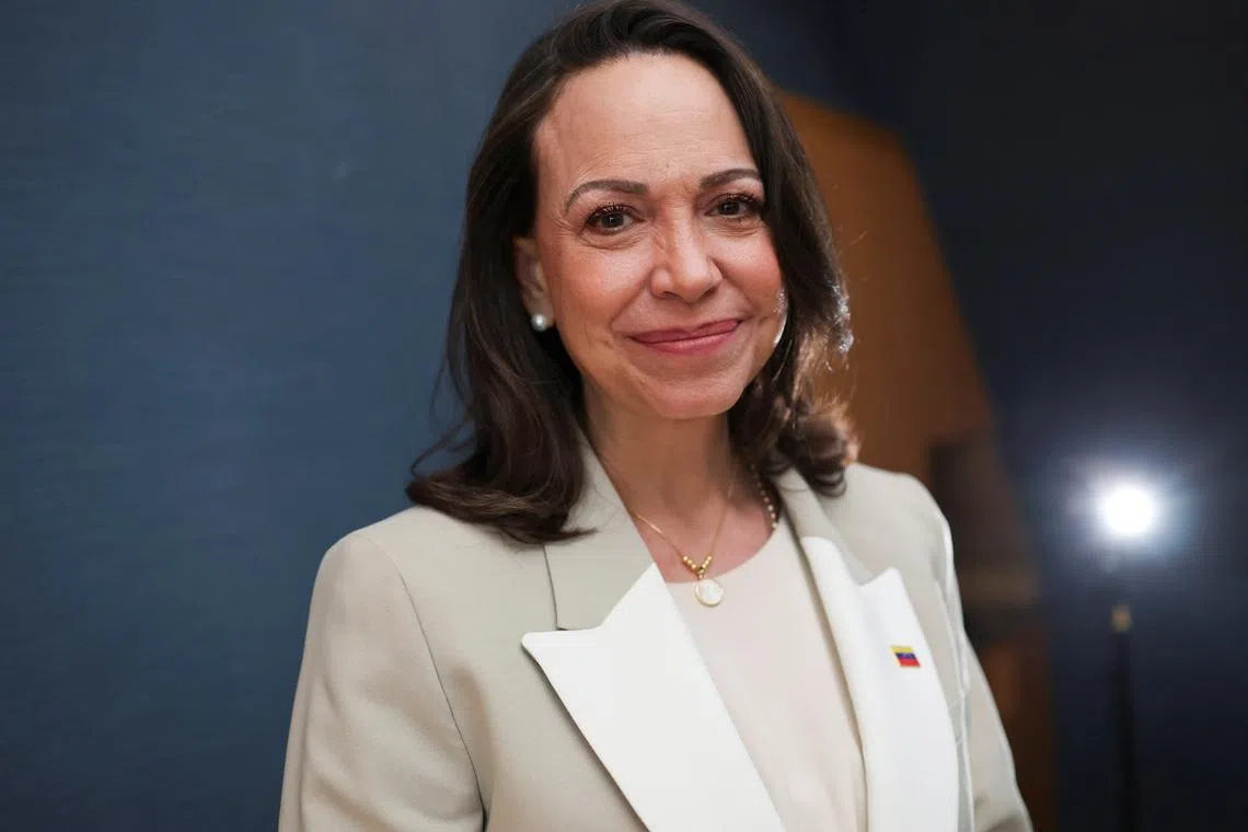 Venezuelan opposition leader Maria Corina Machado poses for a photograph during an interview with Reuters in Madrid, Spain, April 19, 2026. REUTERS/Isabel Infantes
