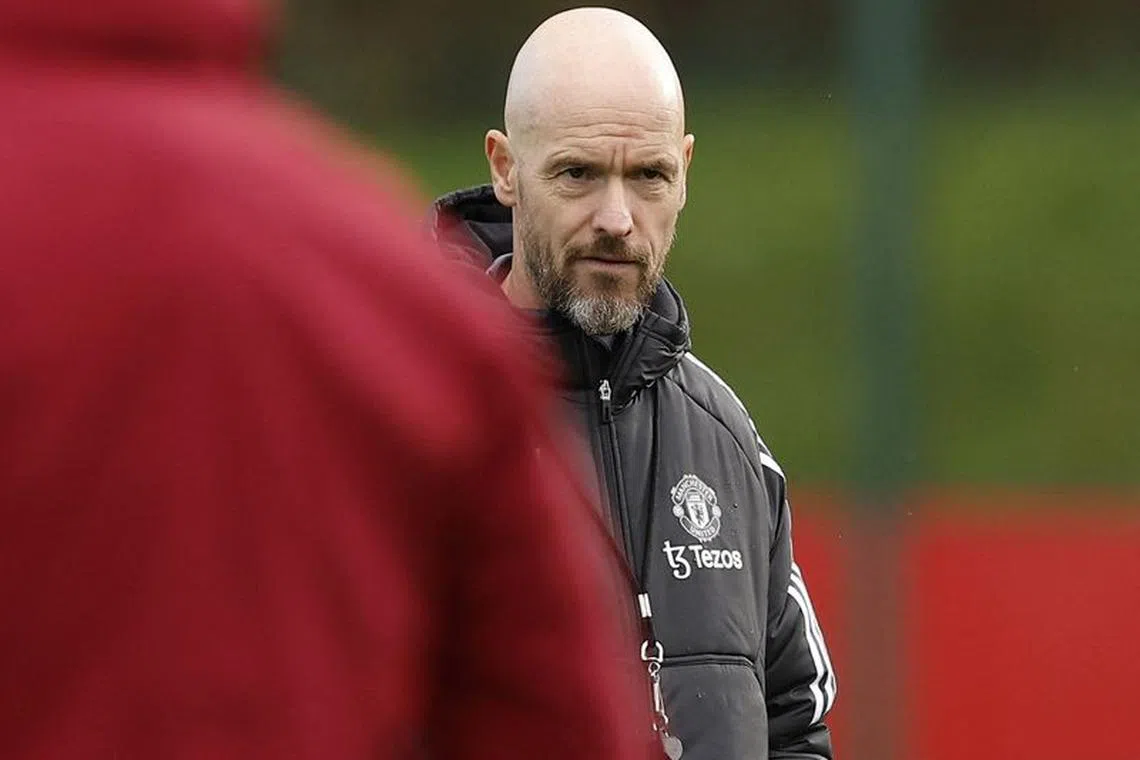 FILE PHOTO: Soccer Football - Champions League - Manchester United Training - Trafford Training Centre, Manchester, Britain - November 7, 2023 Manchester United manager Erik ten Hag during training Action Images via Reuters/Jason Cairnduff/File Photo