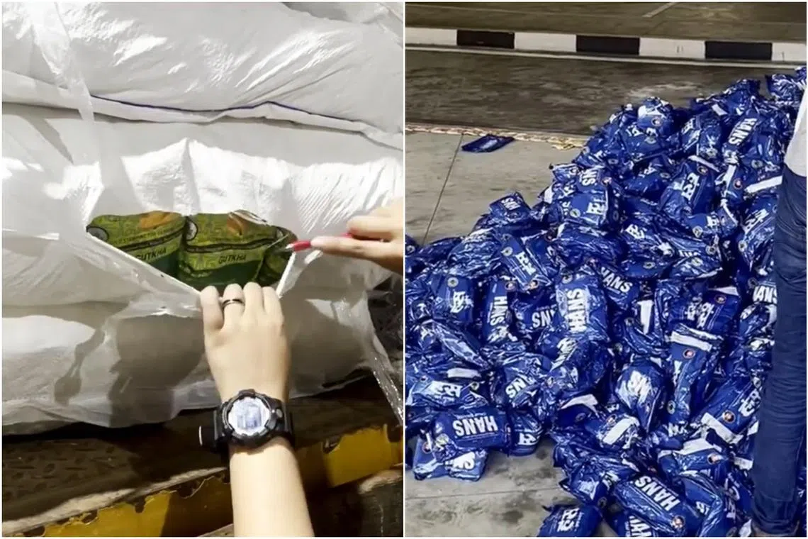 77,500 packets of duty-unpaid cigarettes and 1,360kg of chewing tobacco (right) were seized by the ICA.