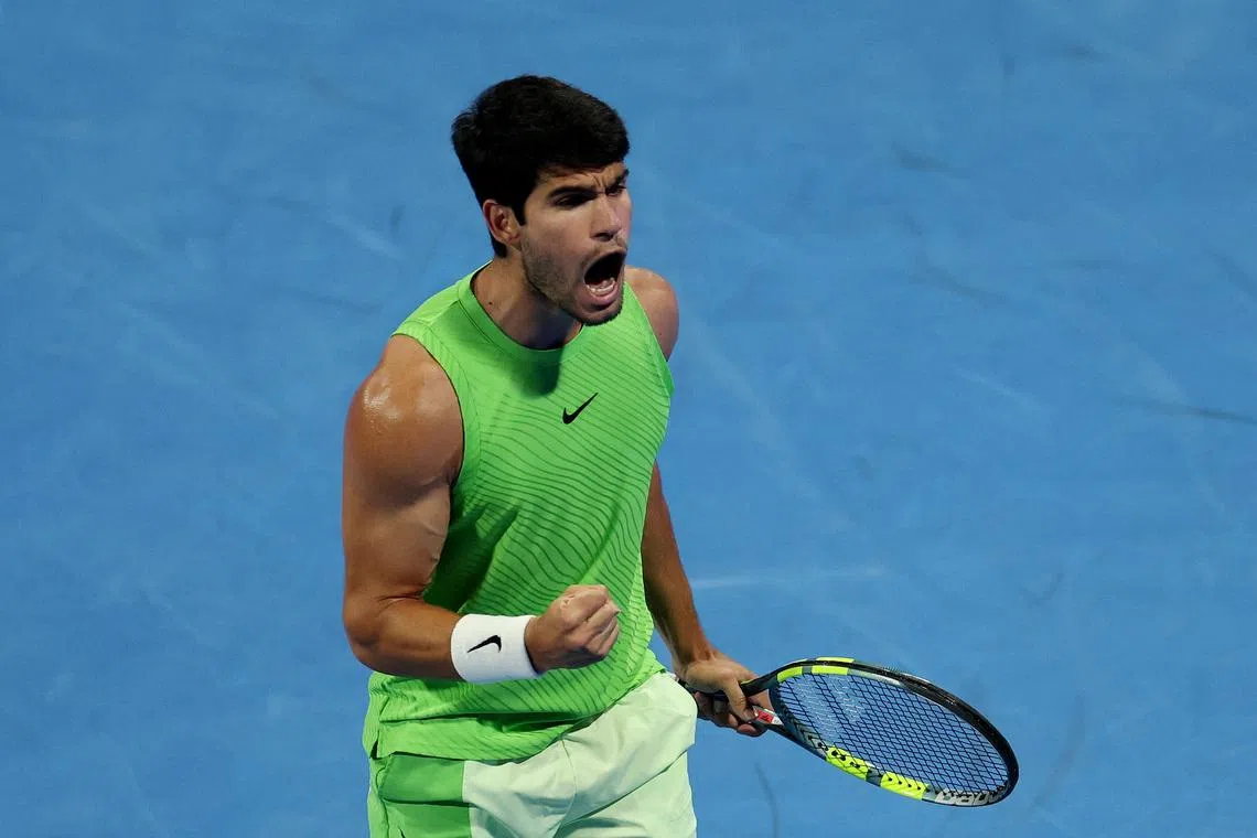 Tennis - Qatar Open - Khalifa International Tennis and Squash Complex, Doha, Qatar - February 20, 2026 Spain's Carlos Alcaraz reacts during his semi final match against Russia's Andrey Rublev REUTERS/Mohammed Salem
