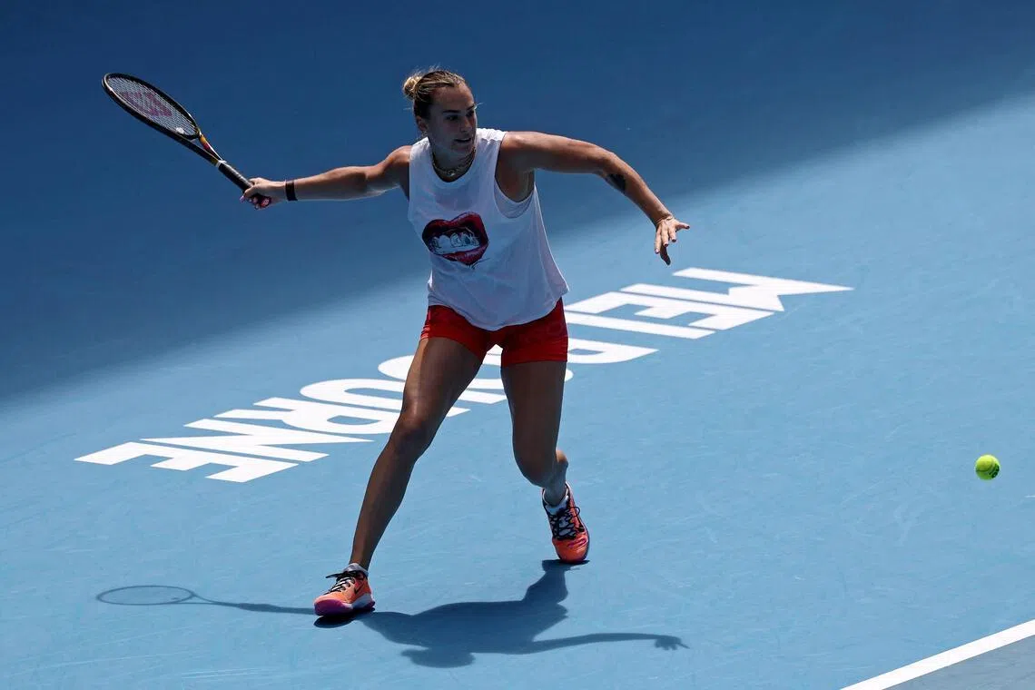 Aryna Sabalenka hits a shot during a practice session in Melbourne, ahead of the Australian Open.