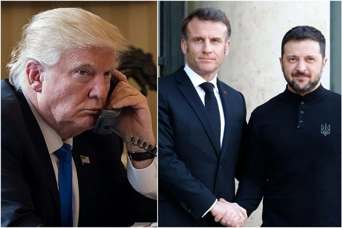 French President Emmanuel Macron (centre) speaks to both Ukrainian President Volodymyr Zelensky (right) and US President Donald Trump “almost every day”, a member of his team said.
