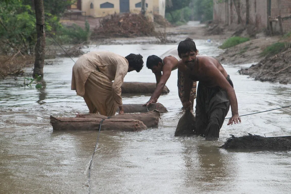 FILE PHOTO: Farmers move sacks of taro root vegetable through a flooded street amid rain, following monsoon rains and rising water levels of the Chenab River, in Qasim Bela village on the outskirts of Multan, Punjab province, Pakistan September 7, 2025. REUTERS/Quratulain Asim/File Photo