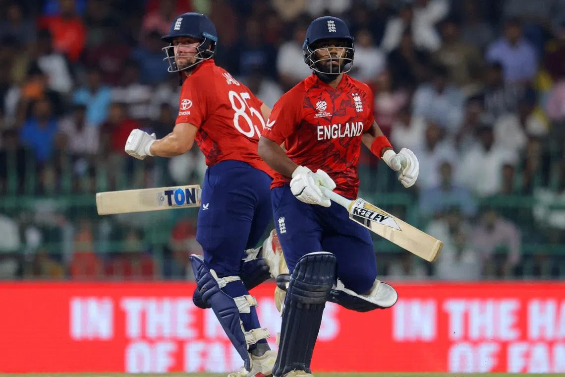 Cricket - ICC Men's T20 World Cup 2026 - Super 8 - England v New Zealand - R. Premadasa International Cricket Stadium, Colombo, Sri Lanka - February 27, 2026 England's Will Jacks and Rehan Ahmed in action REUTERS/Lahiru Harshana