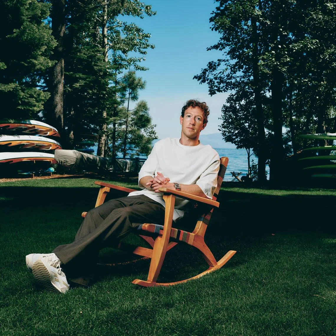 Mark Zuckerberg at his home on Lake Tahoe in California on Aug 4. He underwent a very public style rebrand in 2024, when he went from robotic coder in a grey hoodie to fashion-conscious bro next door.