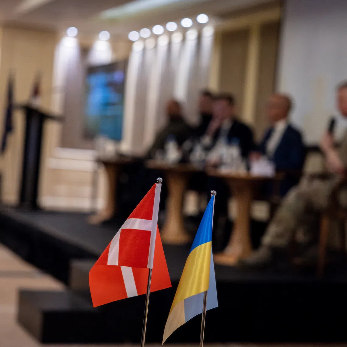 The Danish and Ukrainian flags are on display at a Denmark-Ukraine Defence Industry Conference, amid Russia’s attack on Ukraine, in Kyiv, Ukraine, March 23, 2024. REUTERS/Thomas Peter/File Photo