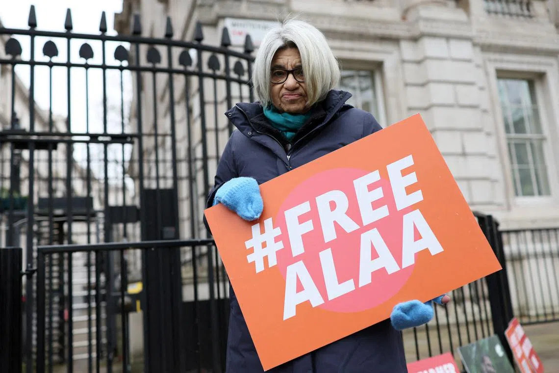 FILE PHOTO: Laila Soueif, mother of jailed Egyptian-British activist Alaa Abd el-Fattah, poses for a portrait during a hunger strike to protest against her son’s detention in Egypt, outside Downing Street in London, Britain, January 20, 2025. REUTERS/Isabel Infantes/File Photo