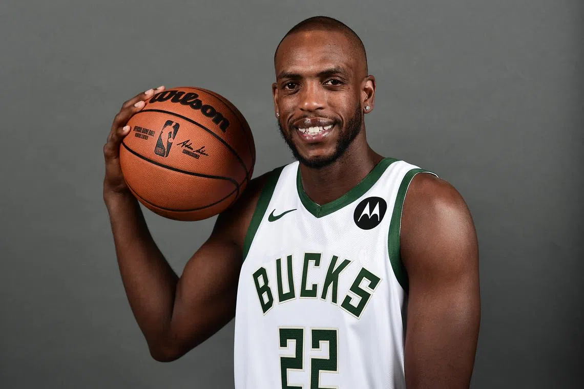 FILE PHOTO: Sep 30, 2024; Milwaukee, WI, USA; Milwaukee Bucks center Khris Middleton (22) during Media Day at Fiserv Forum. Mandatory Credit: Benny Sieu-Imagn Images/File Photo