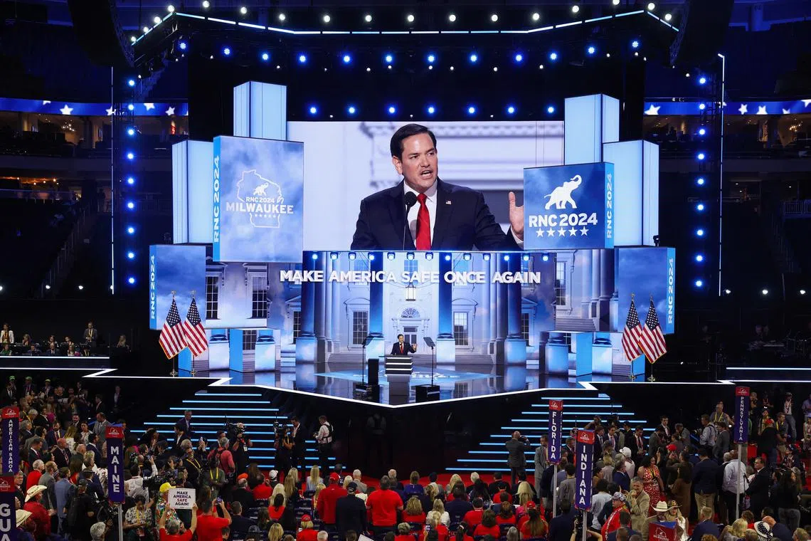 FILE PHOTO: Senator Marco Rubio (R-FL) speaks on Day 2 of the Republican National Convention (RNC), at the Fiserv Forum in Milwaukee, Wisconsin, U.S., July 16, 2024. REUTERS/Mike Segar/File Photo