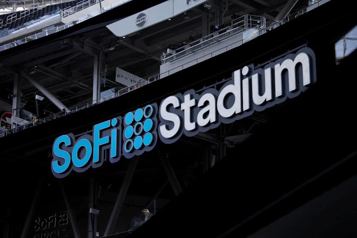 The SoFi Stadium logo is displayed at SoFi Stadium in Inglewood, California, U.S. December 14, 2025. REUTERS/Daniel Cole