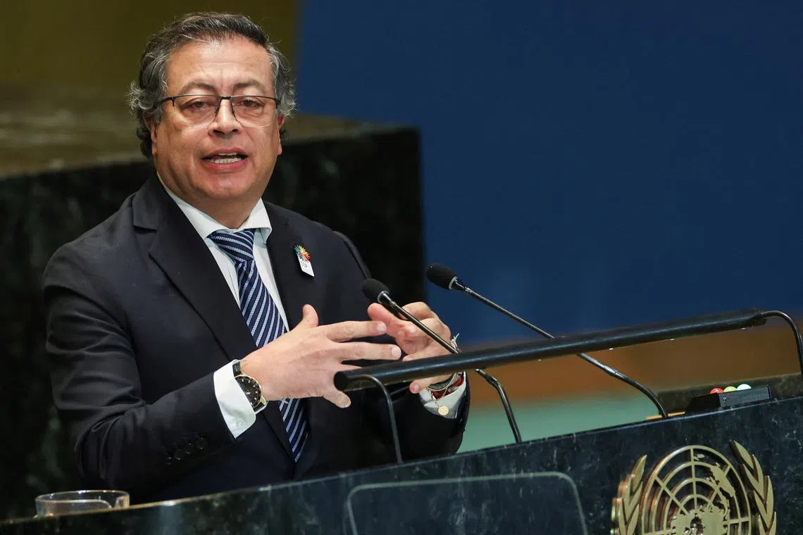 FILE PHOTO: Gustavo Petro Urrego, President of Colombia addresses the \"Summit of the Future\" in the General Assembly Hall of the United Nations Headquarters in New York City, U.S., September 23, 2024. REUTERS/Caitlin Ochs/File Photo