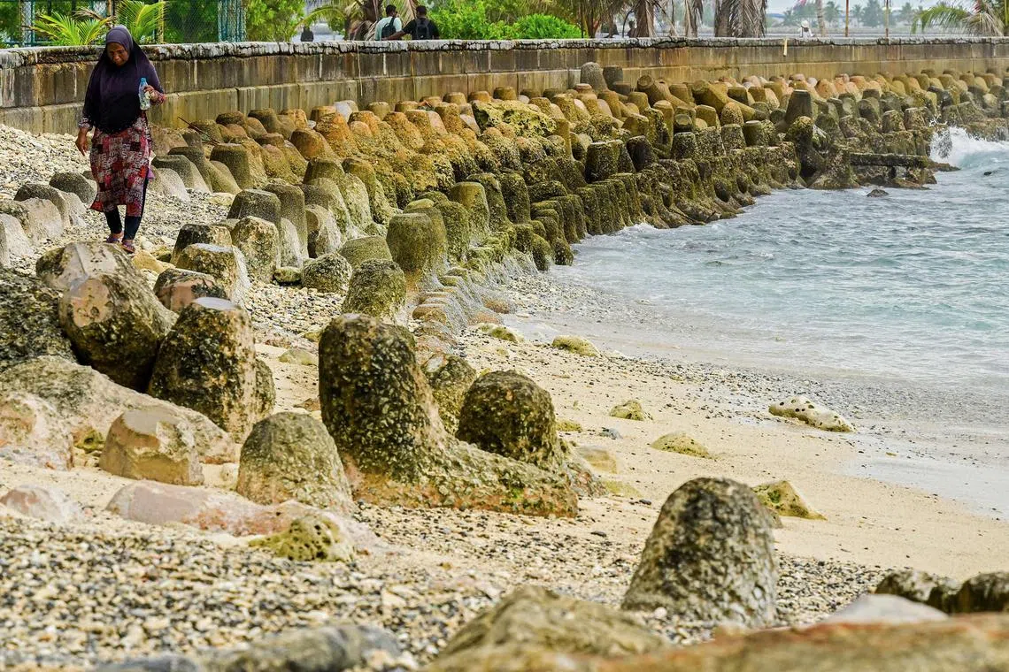 A woman walks past tetrapods along a beach in Male on November 18, 2023. (Photo by Ishara S. KODIKARA / AFP)