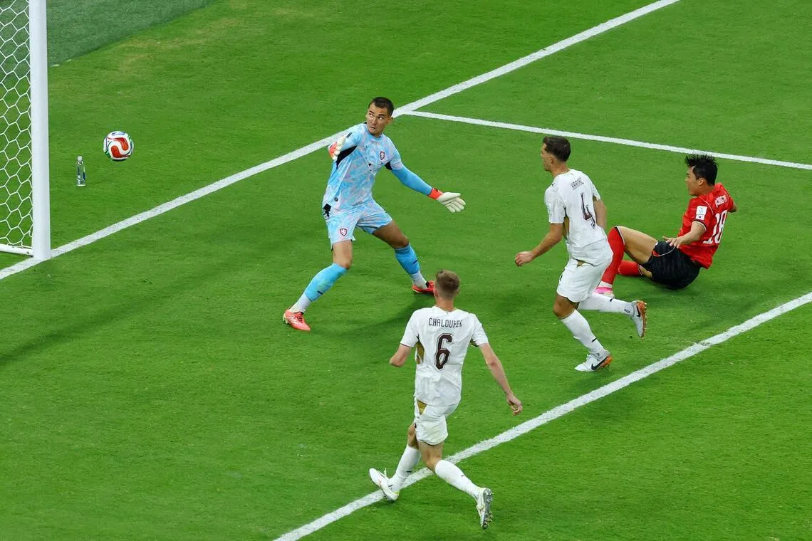 South Korea's Oh Hyeon-gyu scoring their second goal against Czech Republic on June 11. 