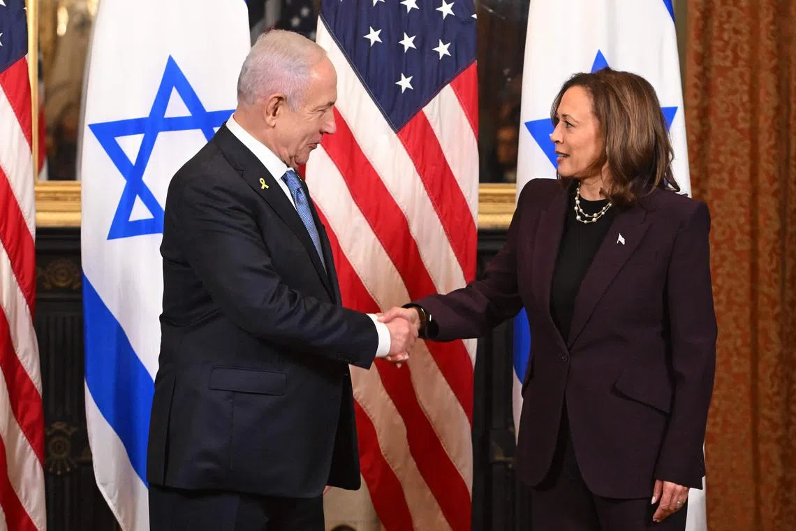 TOPSHOT - US Vice President Kamala Harris meets with Israeli Prime Minister Benjamin Netanyahu in the Vice President’s ceremonial office at the Eisenhower Executive Office Building in Washington, DC, on July 25, 2024. (Photo by ROBERTO SCHMIDT / AFP)